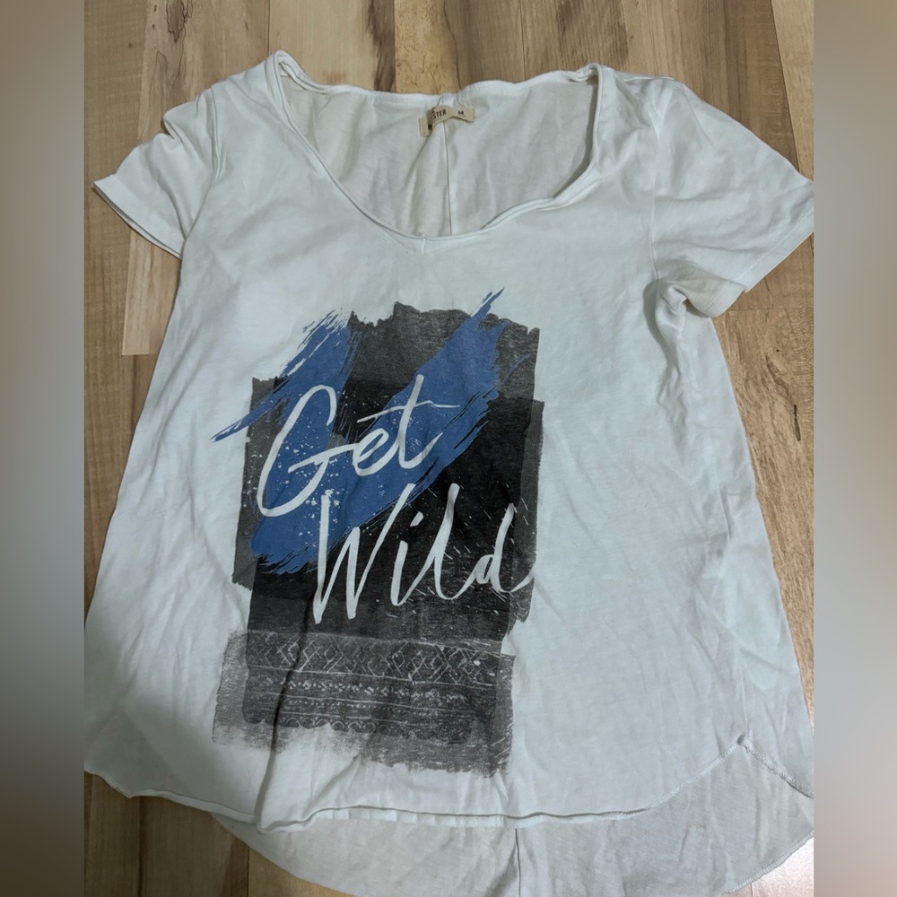 Vintage Hollister White Graphic Tee with Blue and Black Design